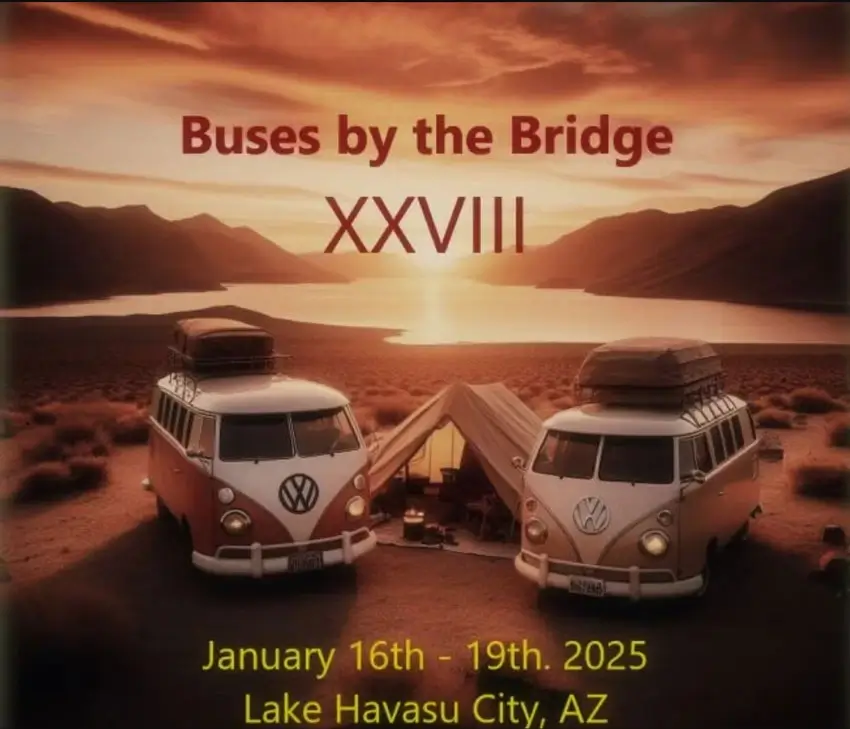 Country Homes Campers - Annual Buses By The Bridge 2025 - 2 camper vans with a tent in the middle and texts. 